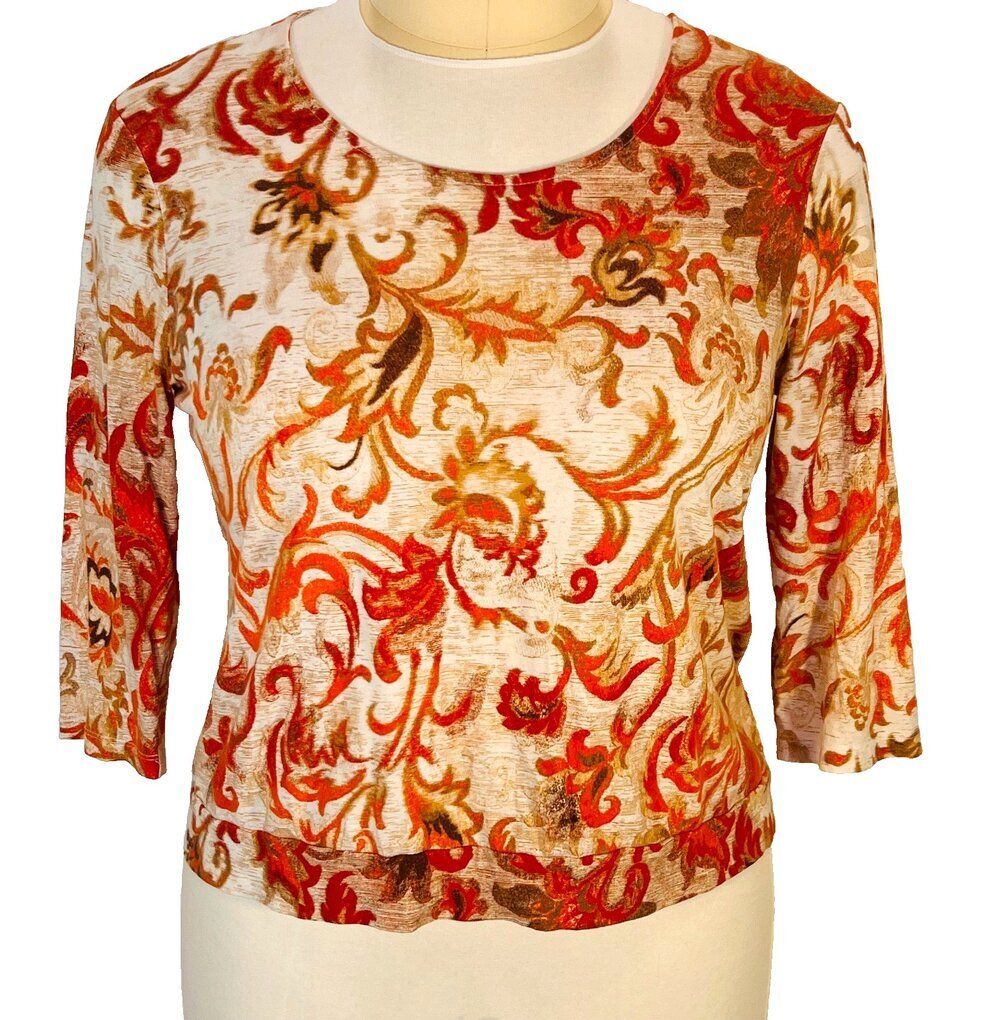 Chico's Blouse Womens Size XL (3) Cream Orange Brown Flourish 3/4 Sleeve Boat